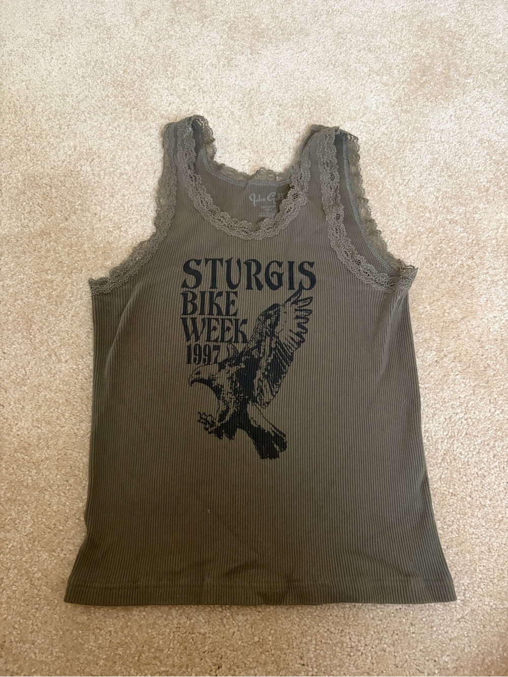 John galt Brandy Melville Sturgis Bike Week Graphic Lace-Trim Tank - Olive